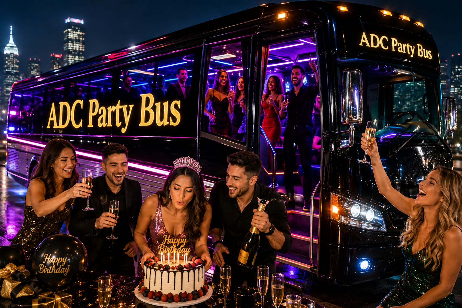 The girl is celebrating the birthday party inside the ADC rental party bus